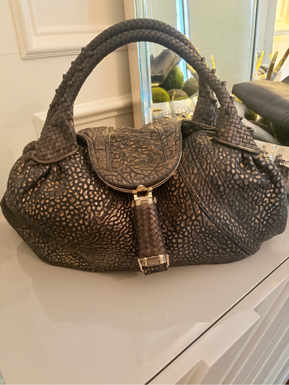 Authentic Fendi Spy Bag 8BR511 Dark Brown Metallic Leather Gold Hardware